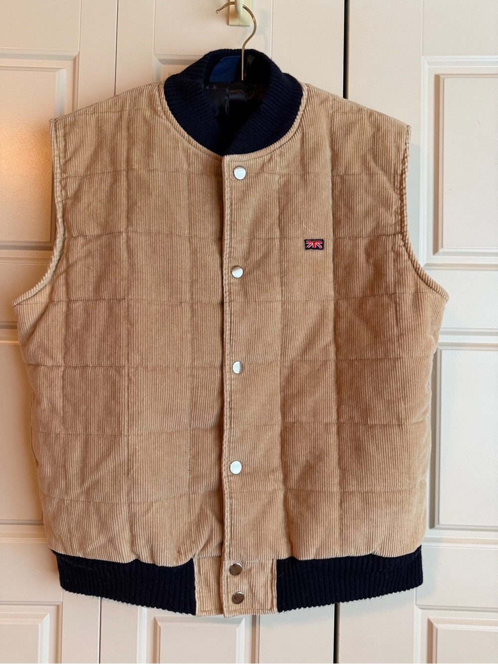 Corduroy Quilted Vest in Tan with Navy Trim sz L